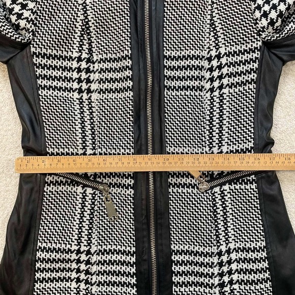 Lena Gabrielle Womens Sz 10 Houndstooth Faux Leather Trim Zip Jacket Black White - Picture 10 of 13